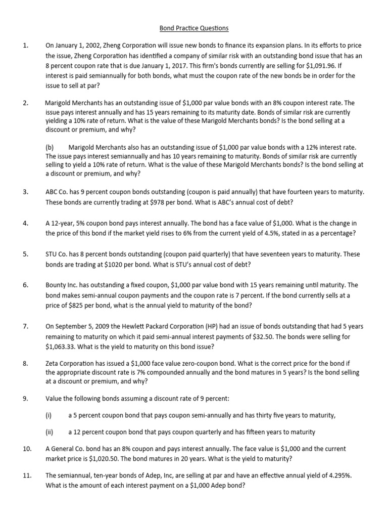 Bond Practice Questions Pdf Bonds Finance Yield Finance