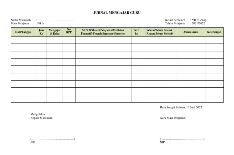 Format Jurnal Mengajar Guru Fikih | PDF