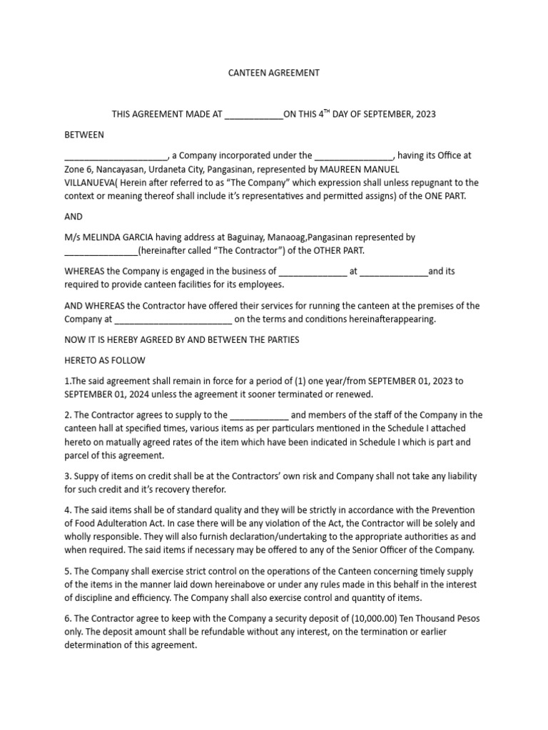 Canteen Agreement PDF Employment Kitchen Utensil