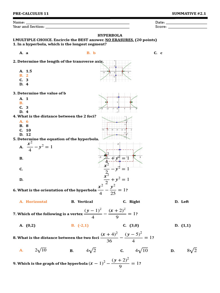 Precal Quiz Hyperbola PDF Mathematical Concepts Analytic Geometry