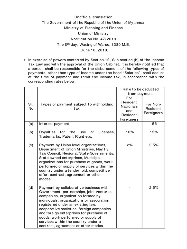 Myanmar Withholding Tax Notification 47/2018 | PDF | Taxes | Money