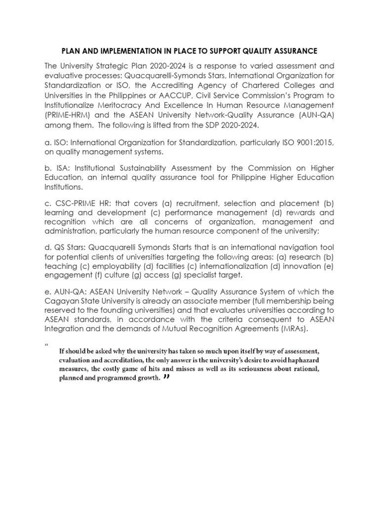 Plan and Implementation in Place To Support Quality Assurance | PDF ...