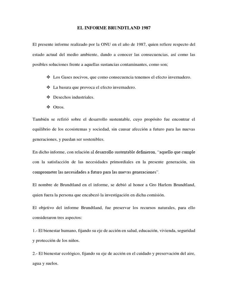 Informe Brundtland 1987: Desarrollo Sostenible | PDF | Sustentabilidad ...
