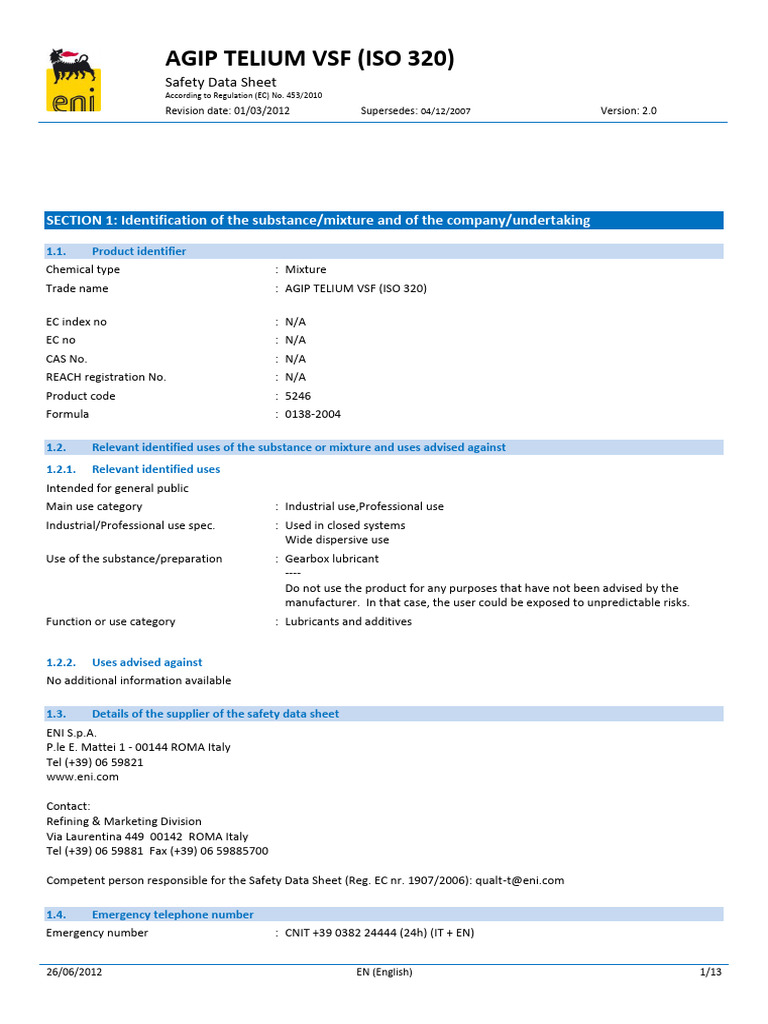 AGIP Telium VSF 320 Safety Data Sheet | PDF | Personal Protective ...