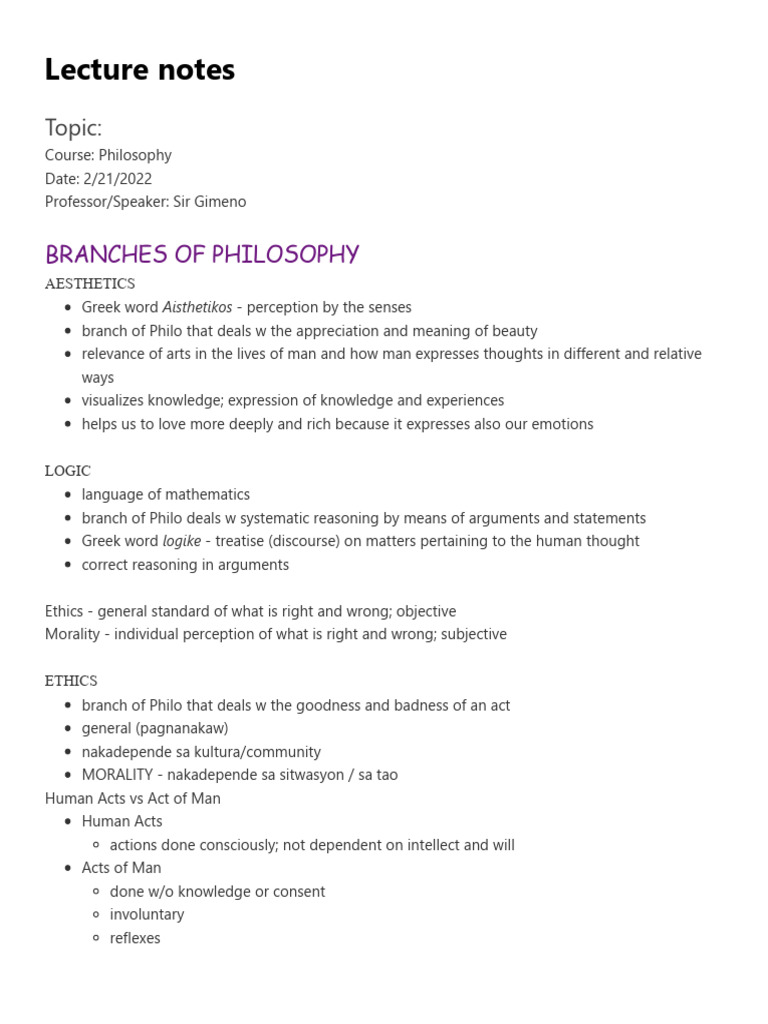 Branches of Philosophy Lecture Notes | PDF | Knowledge | Reason