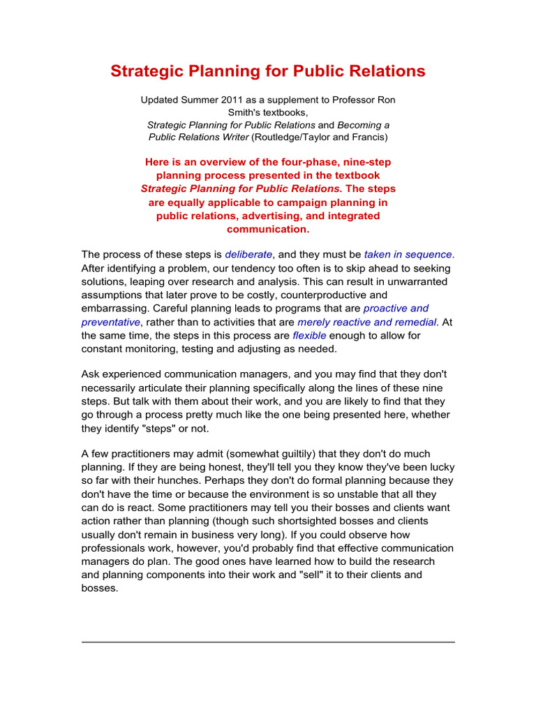 Public Relations Strategic Planning Guide | PDF | Strategic Planning ...