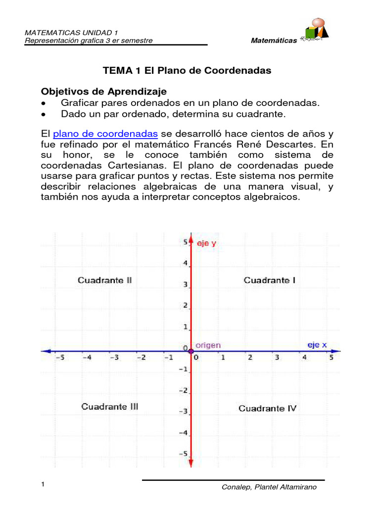 Unidad 1 en linea representacion grafica pdf sistema de coordenadas