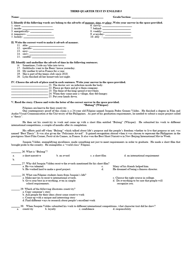 Third Quarter Test in English 5 | PDF