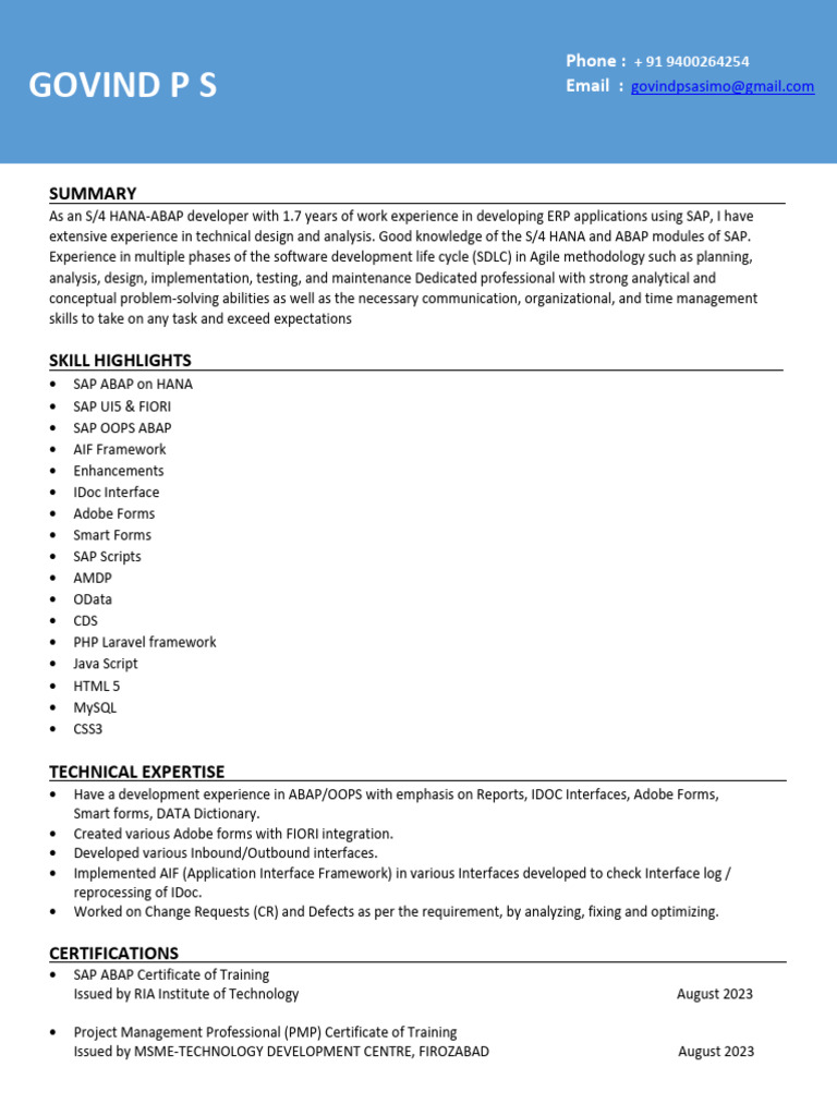 S/4 HANA-ABAP Developer Resume | PDF | Software Development Process ...