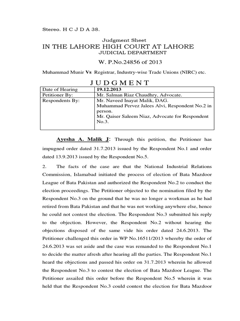 Lahore High Court Judgment on Trade Union Elections | PDF | Justice ...