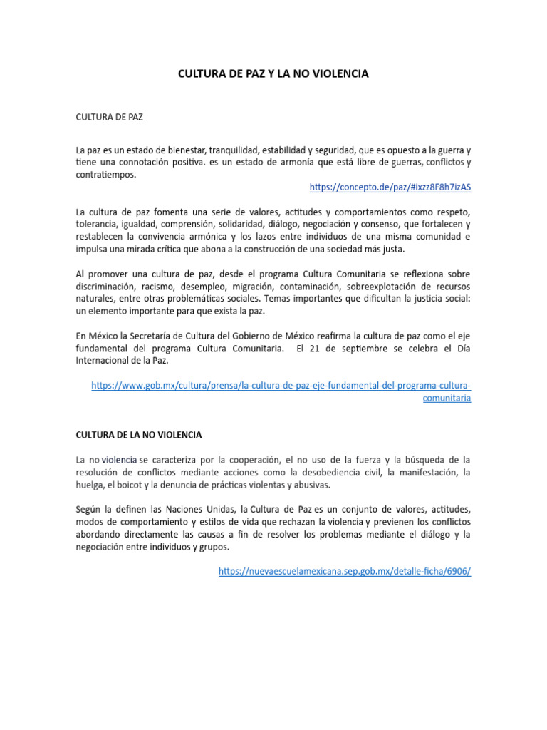Cultura de Paz y No Violencia | PDF