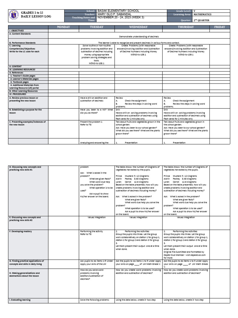 Grade 5 Math Daily Lesson Plan | PDF | Subtraction | Learning