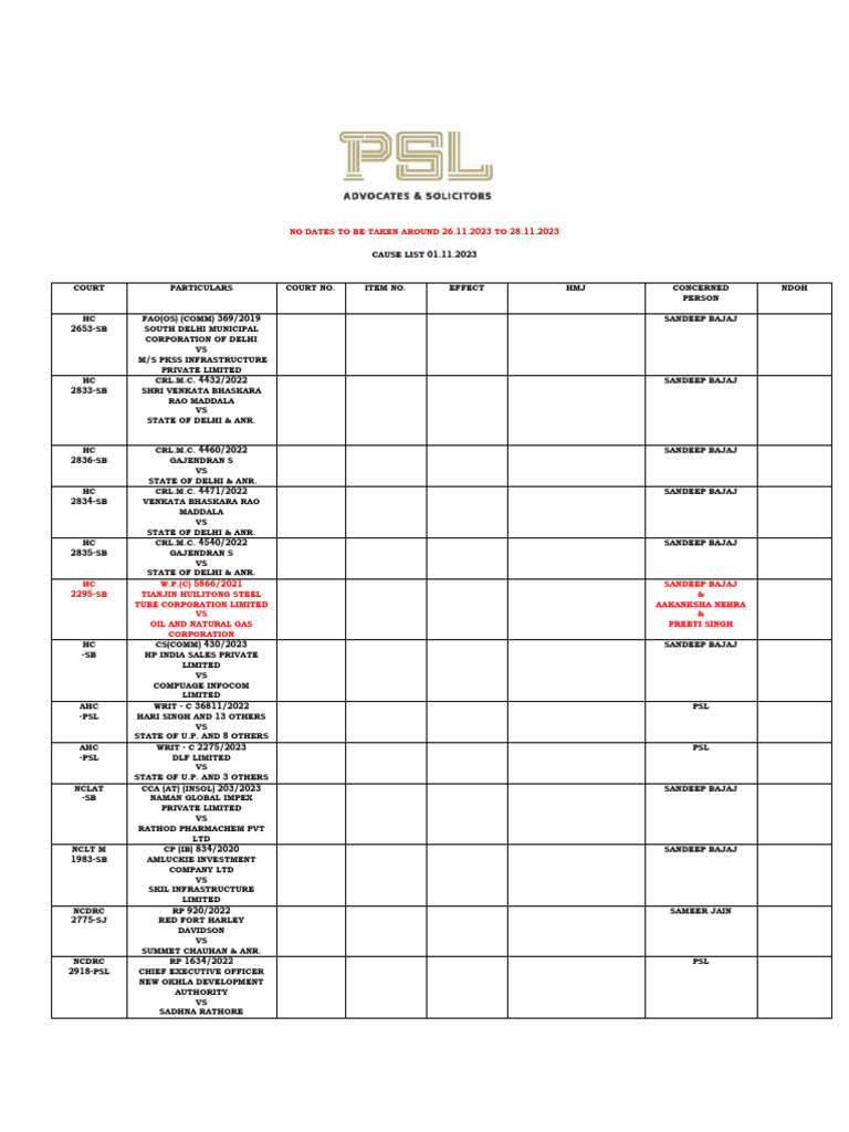 Supplementary Main And Advance Cause List Meaning