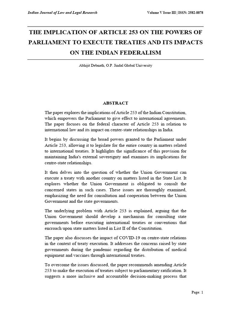 Article 253: Parliament's Treaty Powers in India | PDF | Treaty ...