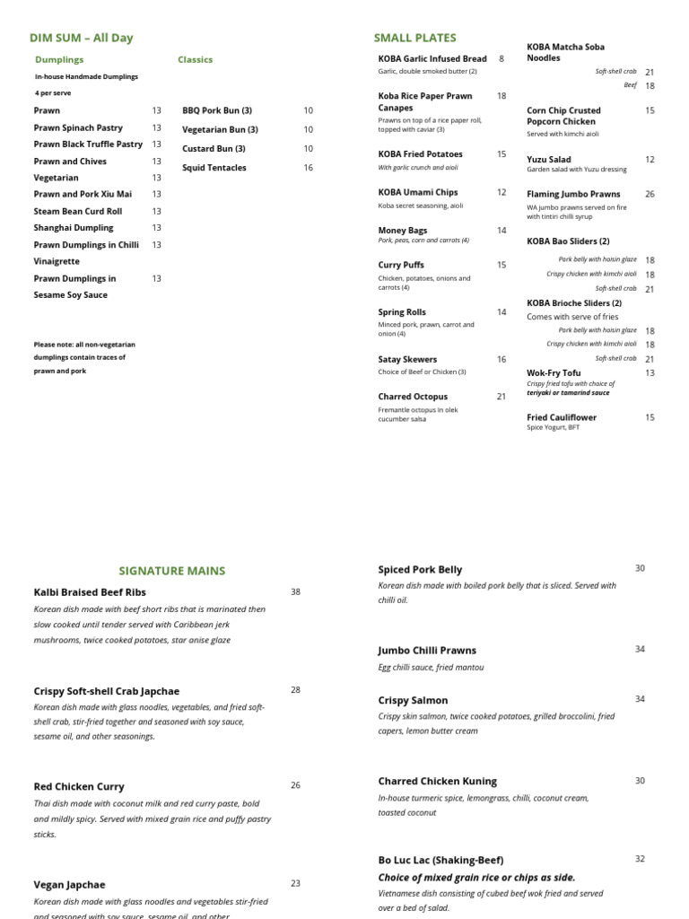 KOBA Food Menu August Online PDF Dumpling Tofu