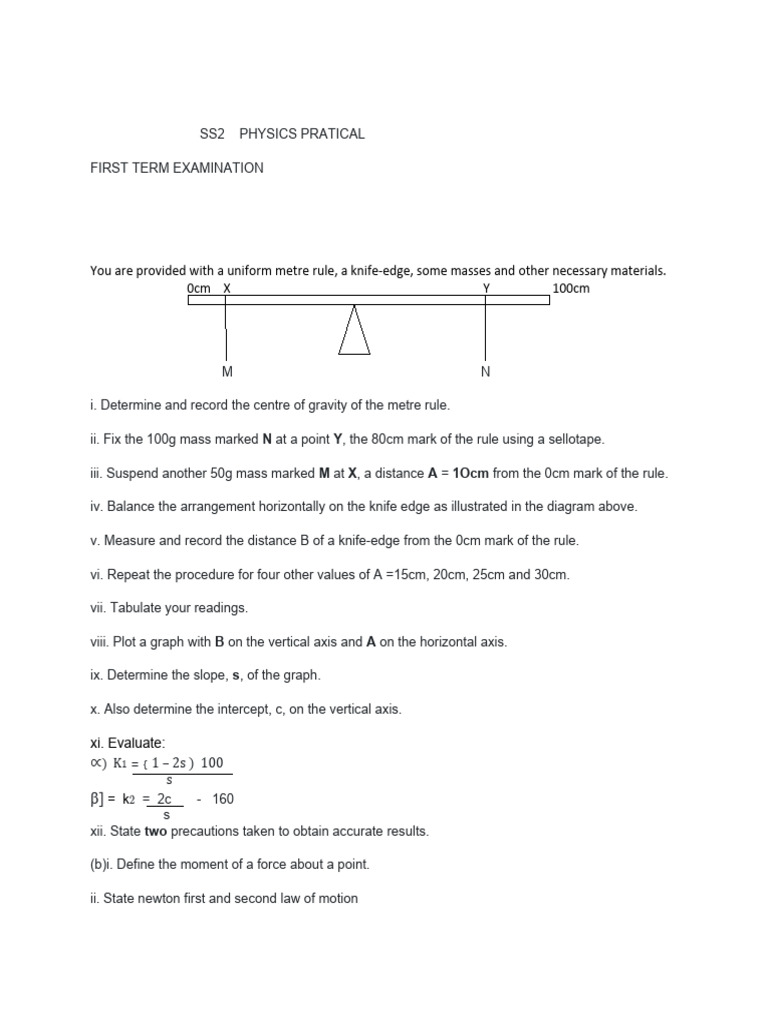 SS2 Physics Pratical PDF Cartesian Coordinate System Mass