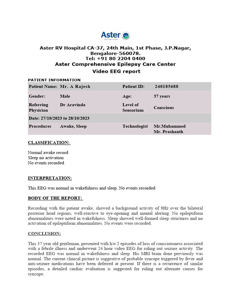 Video EEG Report and Prescription | PDF