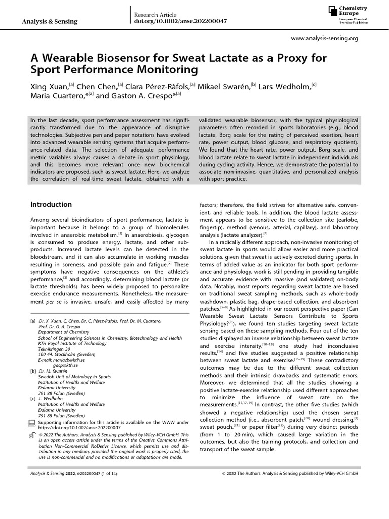 Analysis Sensing - 2022 - Xuan - A Wearable Biosensor For Sweat Lactate ...