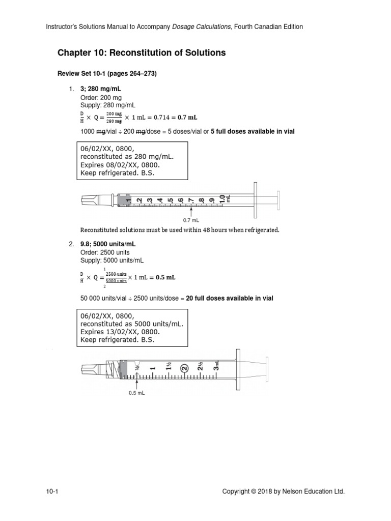 Dosage Calculations Canadian 4th Edition Pickar Solutions Manual PDF