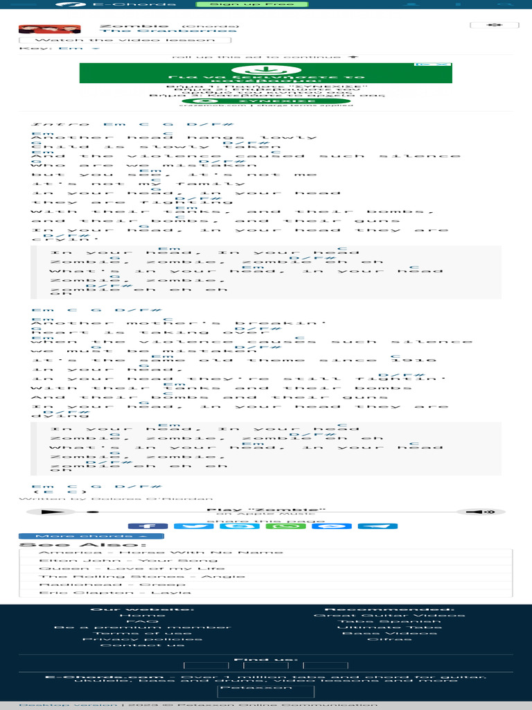 Zombie The Cranberries Guitar Chords and Tabs PDF Rock Music