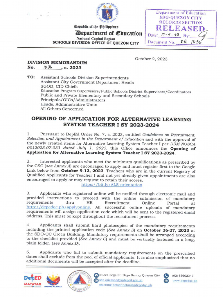 Opening of Application For Alternative Learning System Teacher I Sy ...