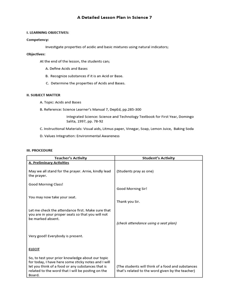 Grade 7 Lesson Plan: Acids and Bases | PDF | Taste | Acid