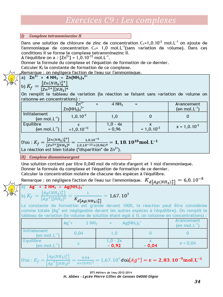 Exercices sur les complexes chimiques | PDF | Équilibre chimique ...