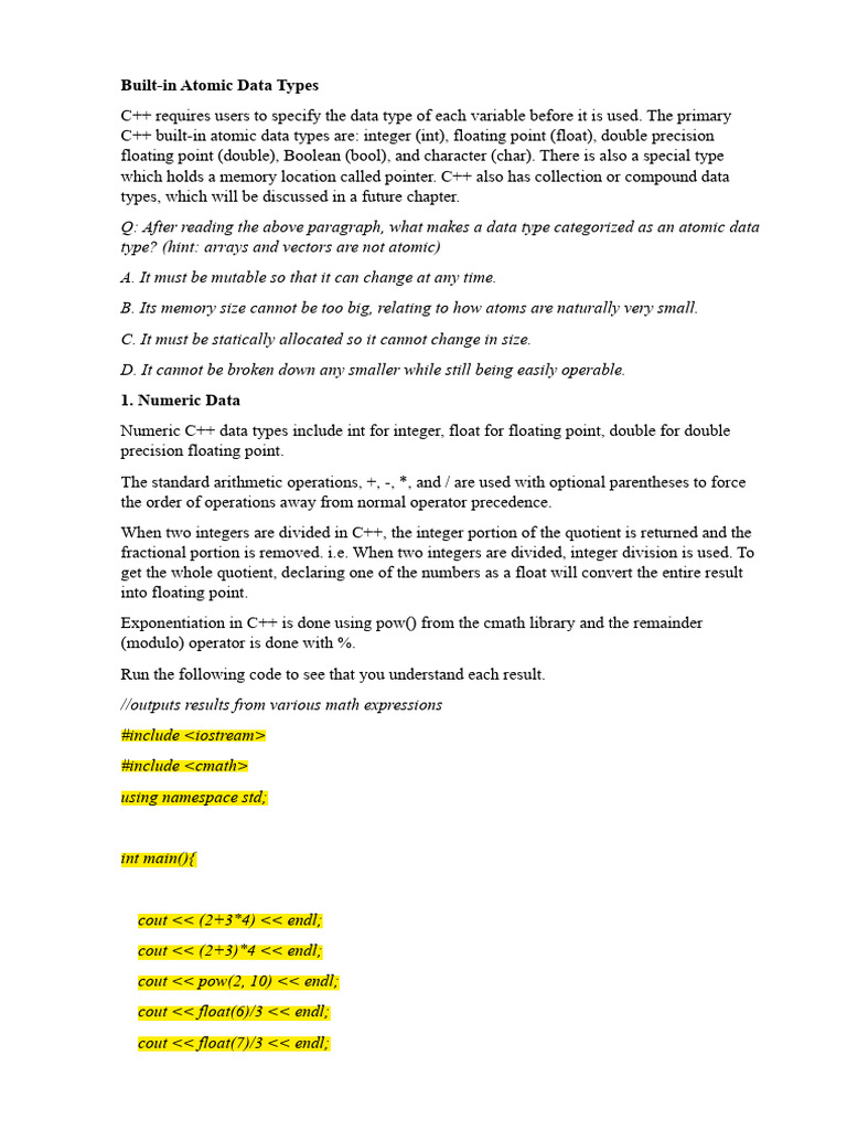 1.1. BuiltIn Atomic Data Types PDF Data Type C++