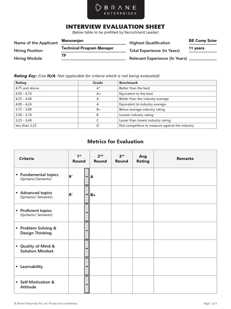 Interview Evaluation Sheet - Manoranjan | PDF | Intelligence | Human ...