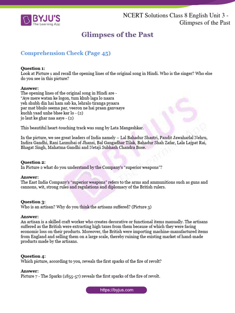 NCERT Solutions Class 8 English Unit 3 Glimpses of The Past | PDF ...
