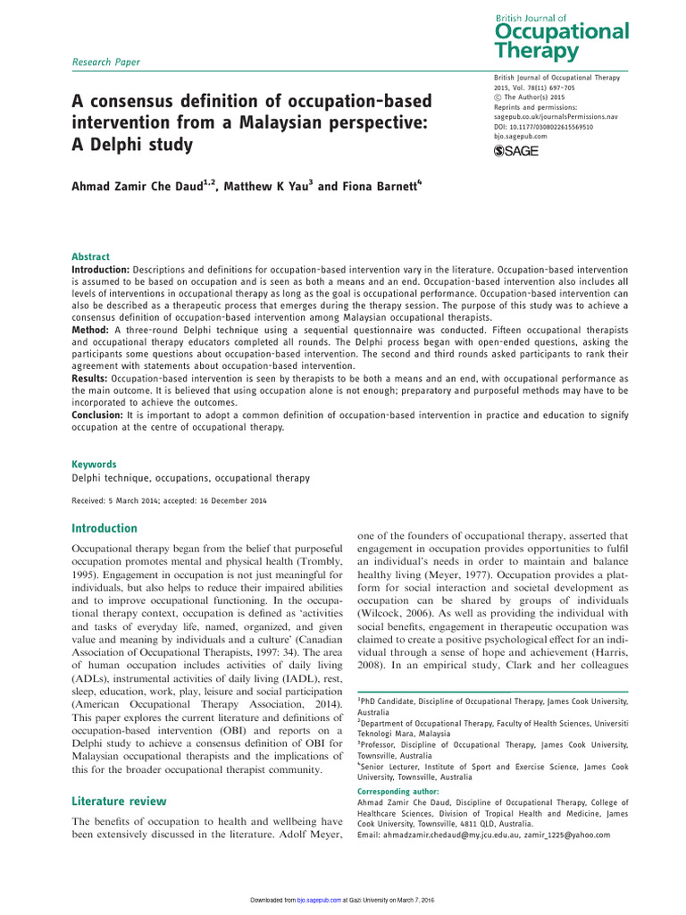 00 a consensus definition of occupation based intervention from a