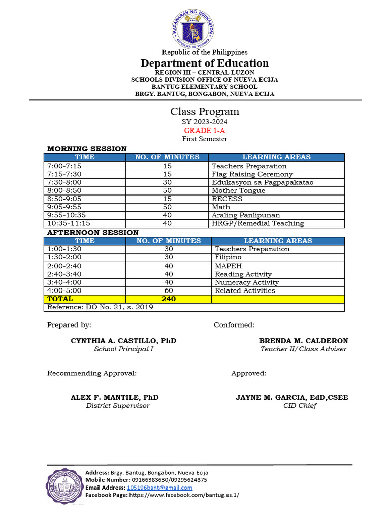 Class Program Pinakabago SY 2023 2024 | PDF | Cognition | Behavior ...