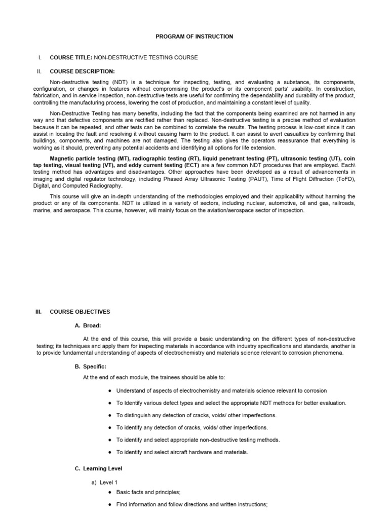 Program of Instruction PDF Nondestructive Testing Physical Sciences Program of Instruction PDF Nondestructive Testing Physical Sciences
