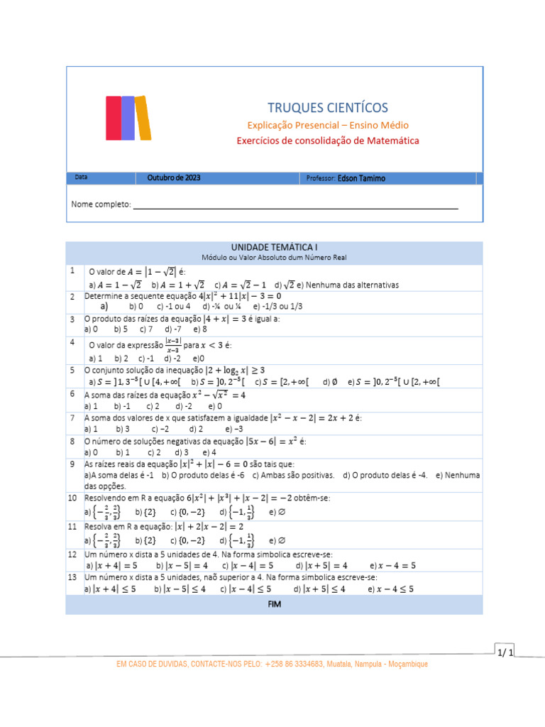Ficha 01 - Módulos | PDF | Matemática | Objetos matemáticos