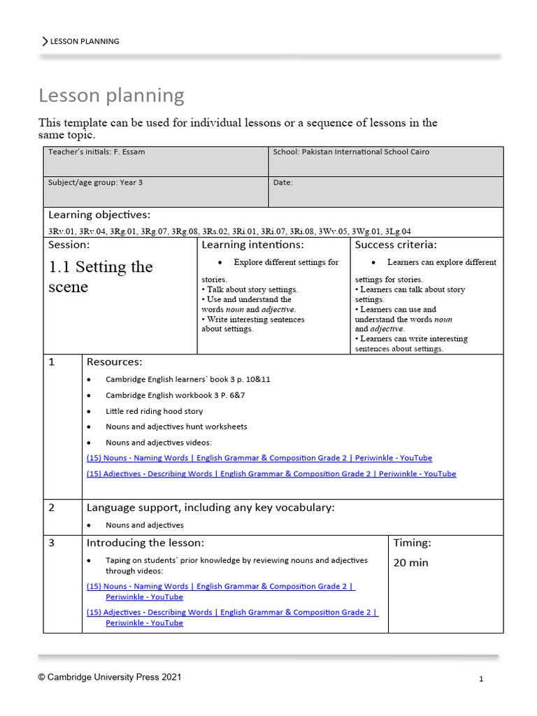 Year 3 English Lesson Plan: Settings | PDF | English Language | Adjective