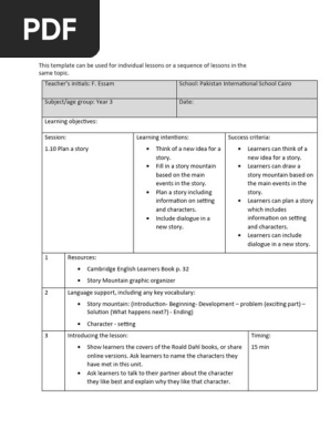 Lesson Plan 10 Planning your story