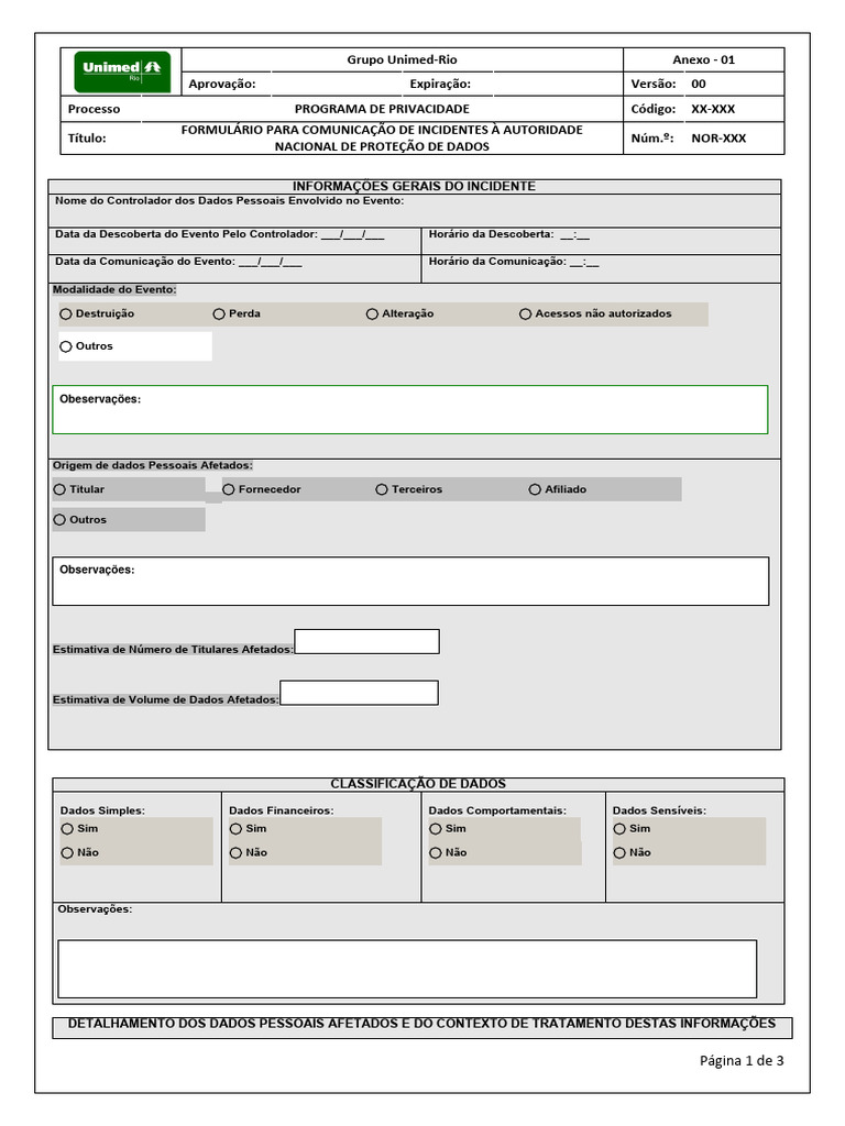 Anexo 01 - Formulário para Comunicação de Incidentes À Autoridade ...