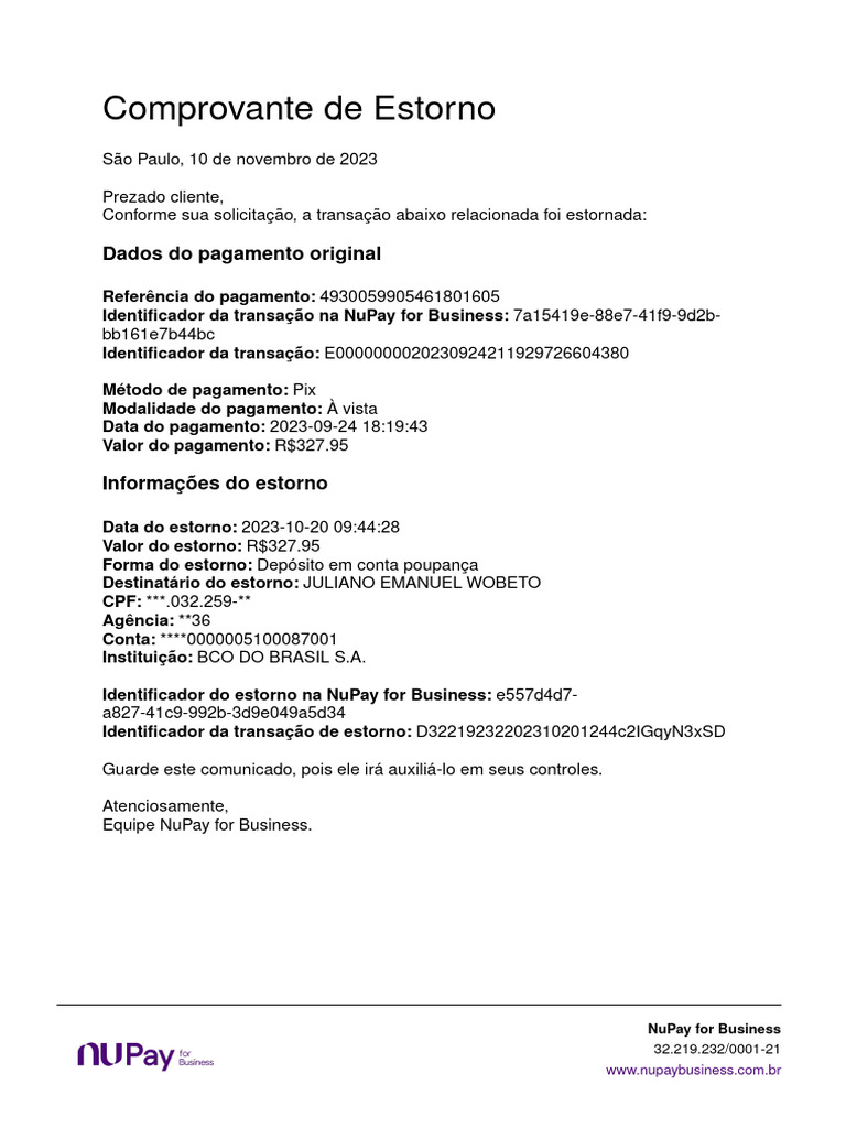 Comprovante de Estorno de Pagamento | PDF