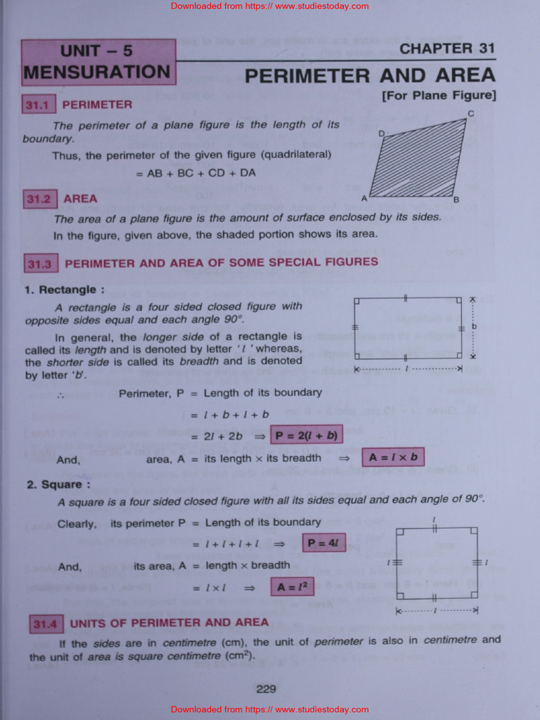 ICSE Class 7 Maths Chapter 31 Perimeter and Area | PDF