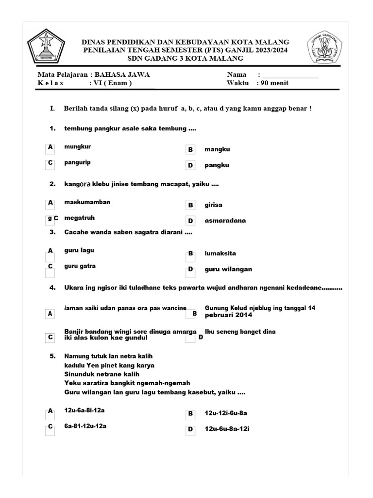 Pts Bahasa Jawa Kelas 6 Semester 1 Pdf