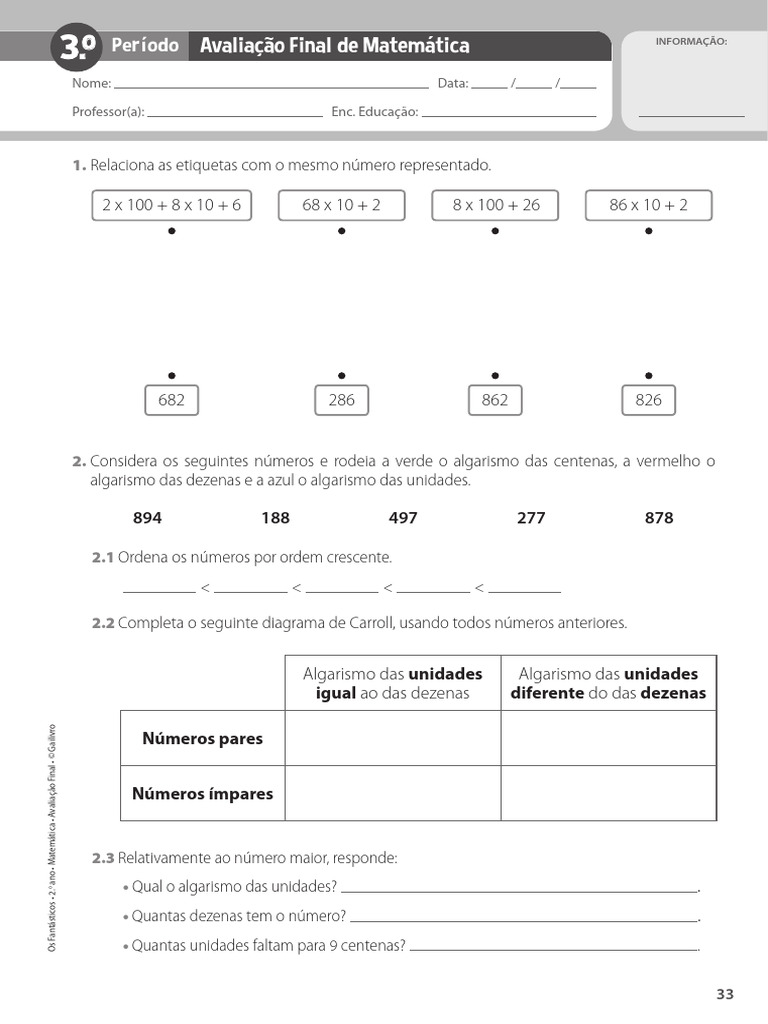 Ficha de Avaliação Trimestral de Matemática - 3º Período - 2º Ano ...
