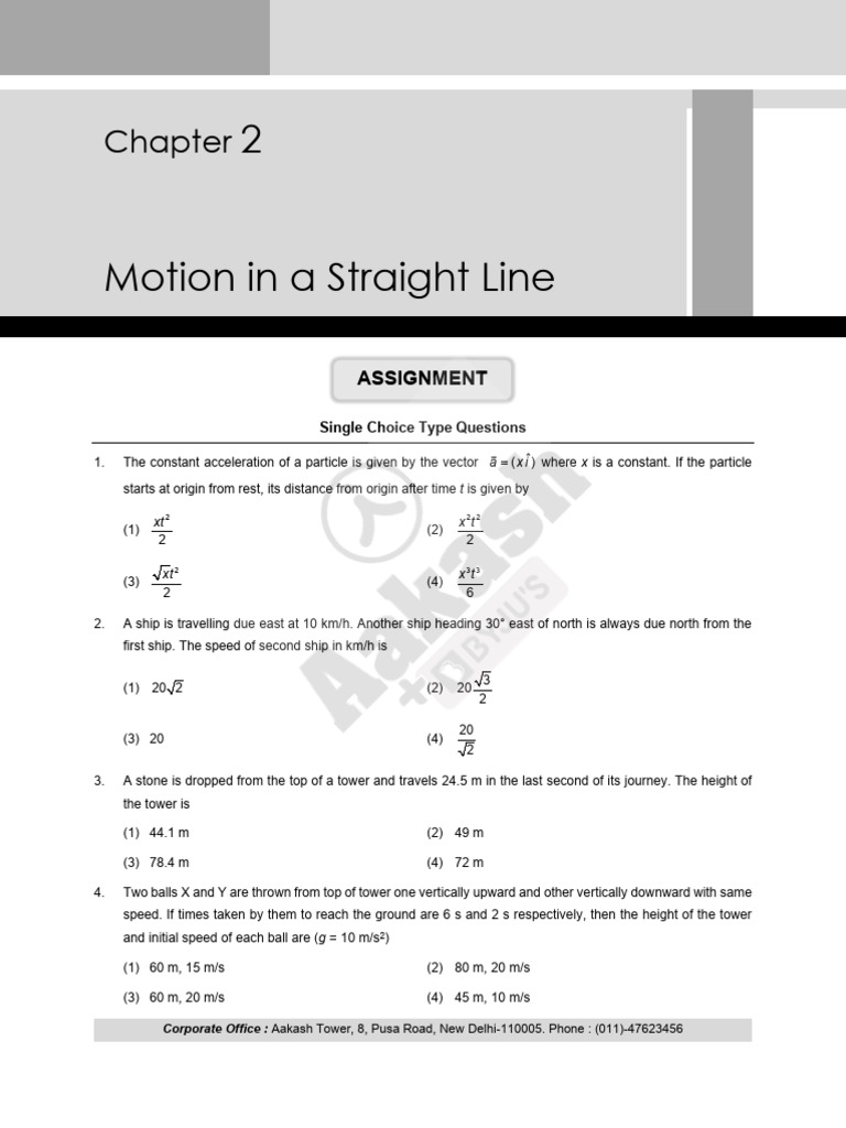 Motion in a Straight Line MCQs and Tests | PDF | Acceleration | Velocity