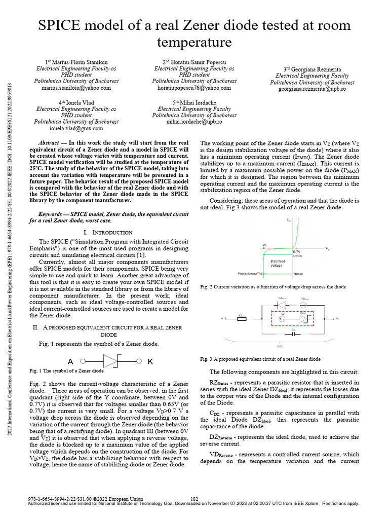 SPICE Model of A Real Zener Diode Tested at Room Temperature PDF