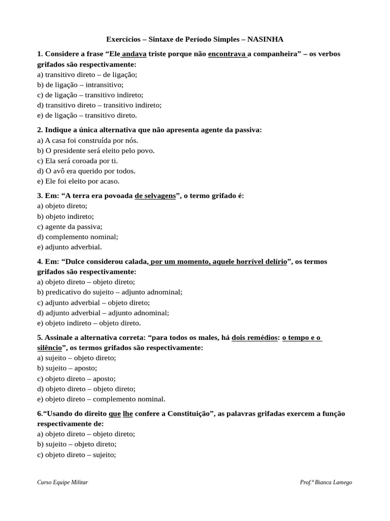 Exercícios de Sintaxe: Período Simples | PDF | Predicado (gramática ...