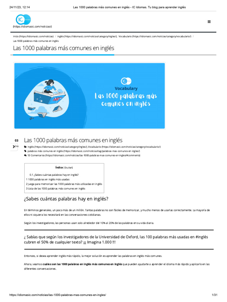 Las 1000 Palabras Más Comunes En Inglés Ic Idiomas Tu Blog Para