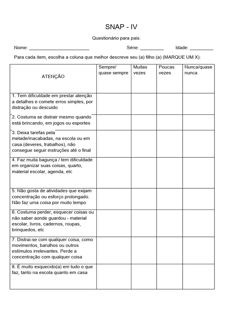 Questionário SNAP-IV para TDAH | PDF | Transtorno de déficit de atenção ...