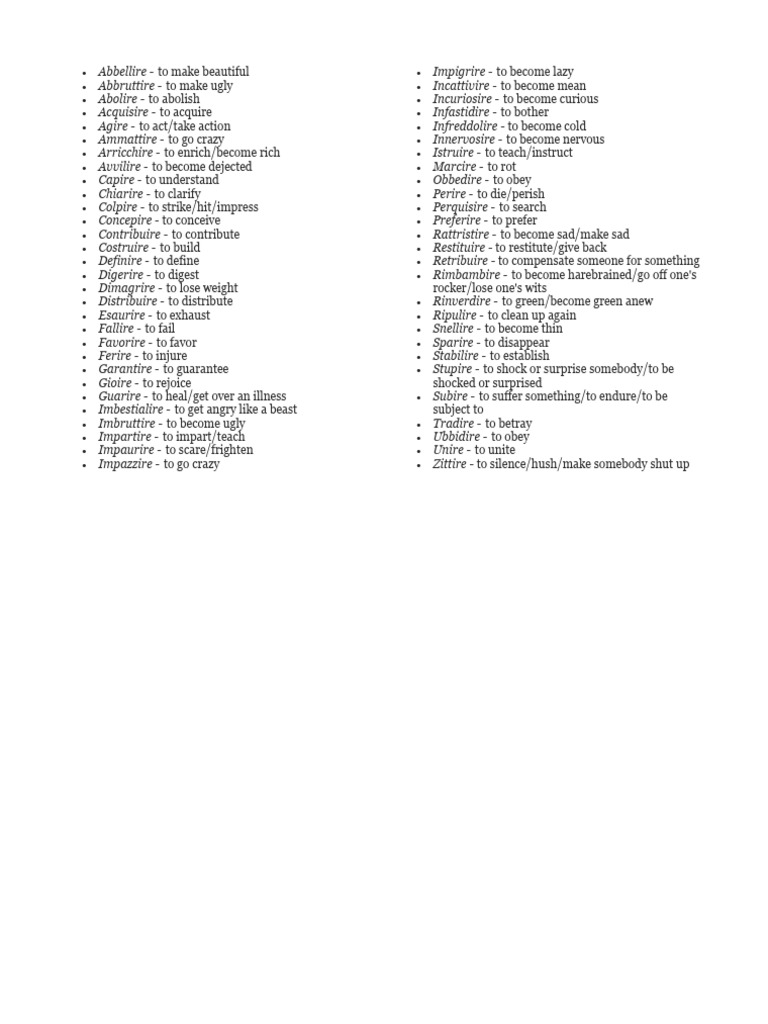Italian ISC Verbs List and Meanings | PDF | Wellness