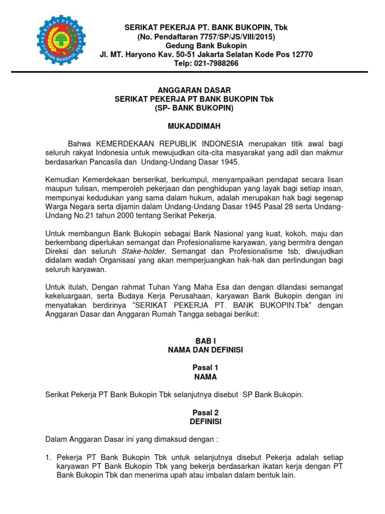 Anggaran Dasar SPBB Mubes Ii 2017 | PDF