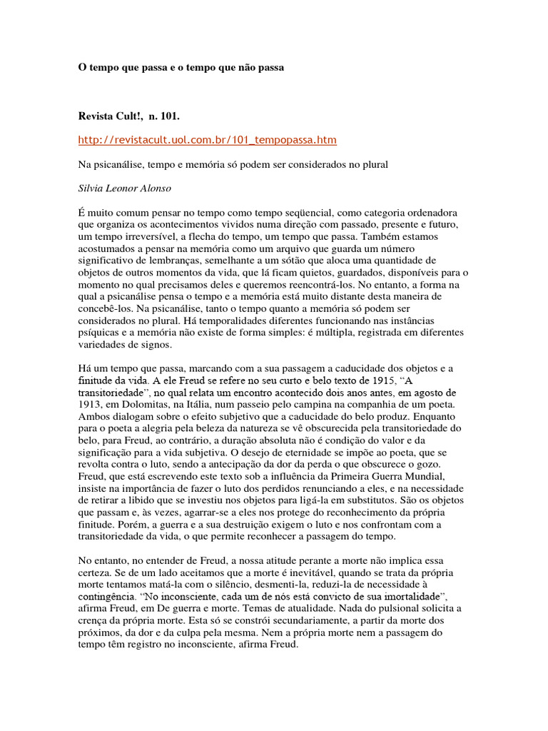 O Tempo e a Memória na Psicanálise | PDF | Sigmund Freud | Tempo