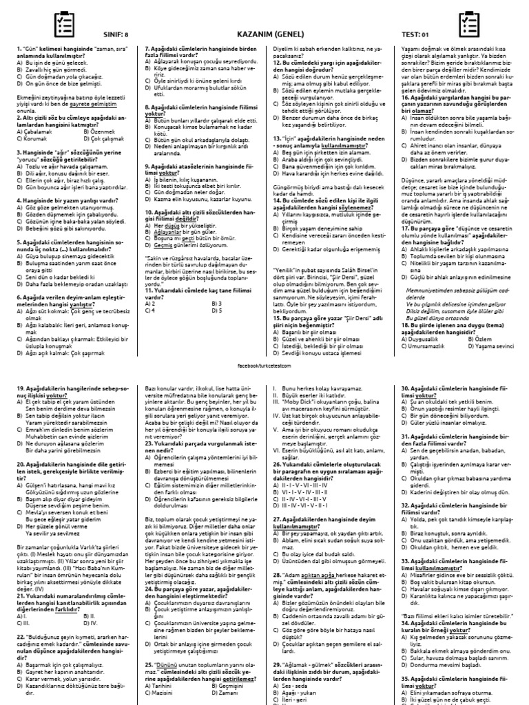 SYnYf Turkce KazanYm Testleri PDF 30 Test | PDF